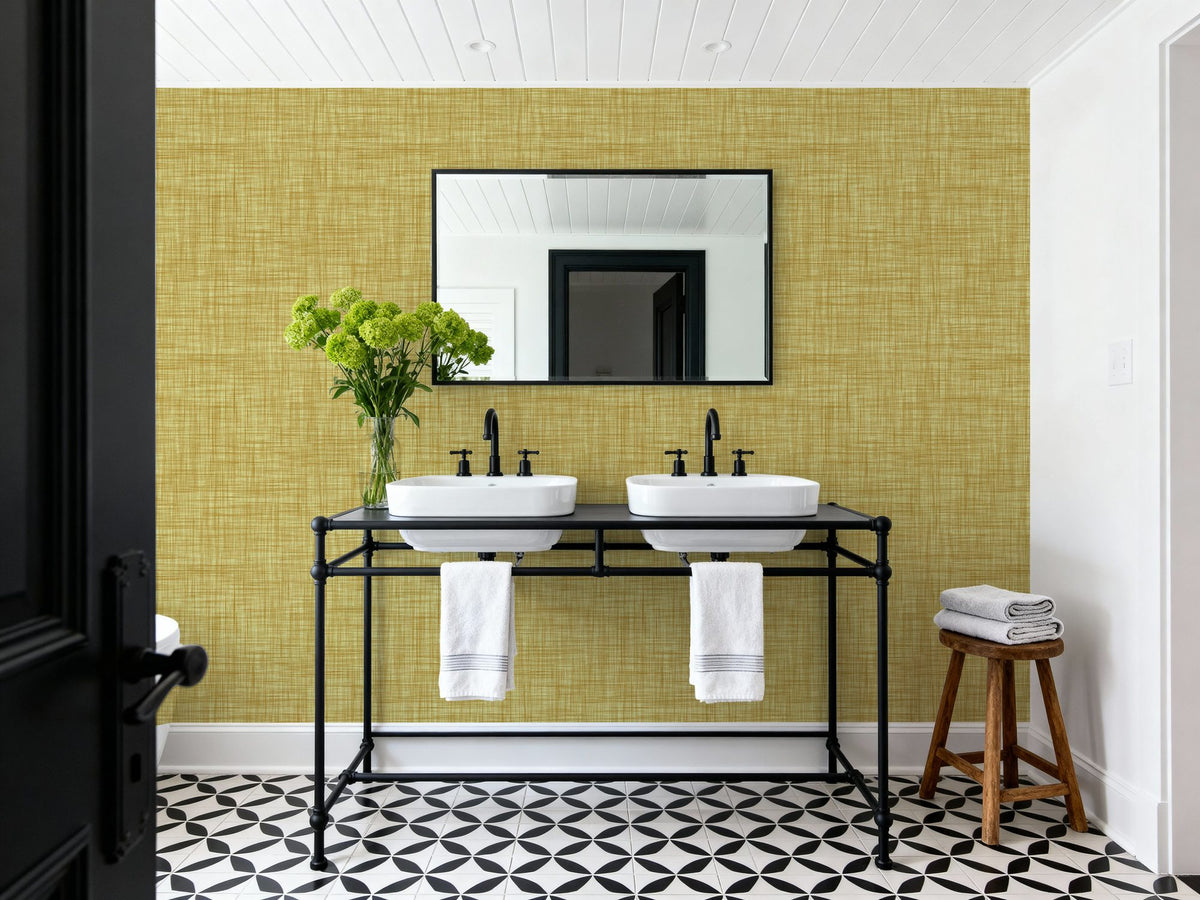 Mottled Linen Effect, Sunflower Yellow Mural Wallpaper - room preview 02