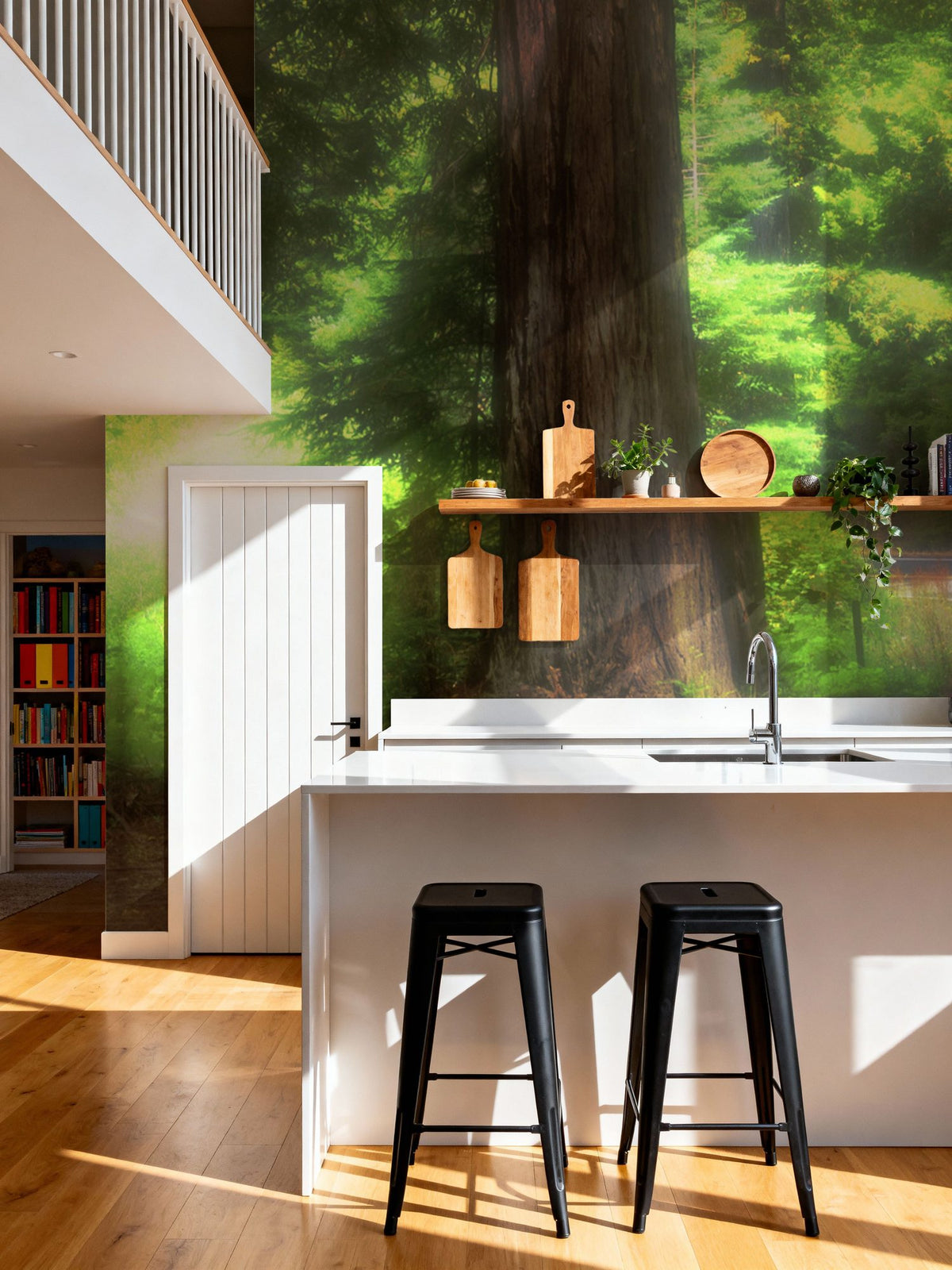 Sunlit Forest Path Mural Wallpaper - room preview 02