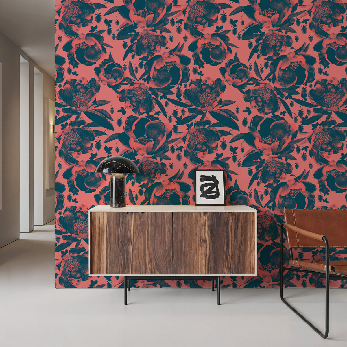 Pop Peonies, Pink & Teal Mural Wallpaper - room preview 02