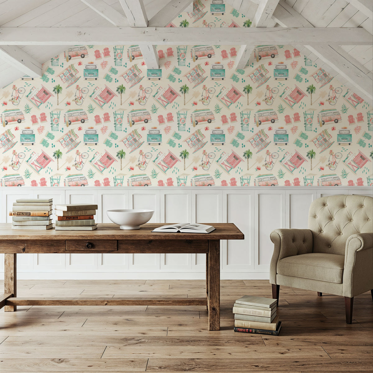 Surf Time White Mural Wallpaper - room preview 02