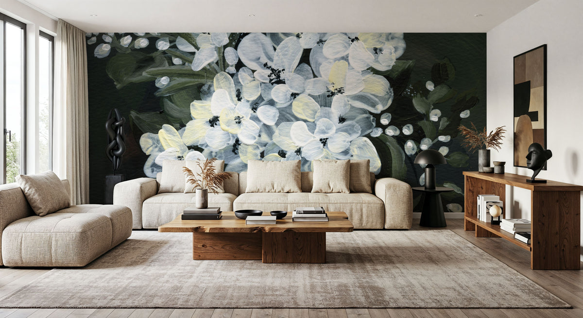 White Flowers in Vase Mural Wallpaper - room preview 02
