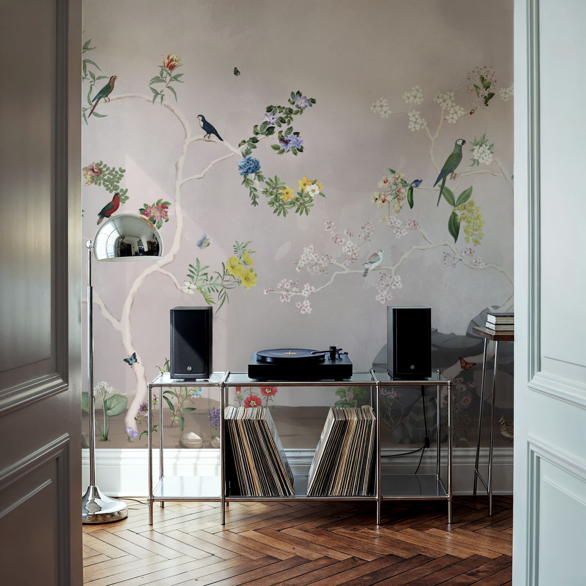 Birds in the Garden Gray Mural Wallpaper - room preview 02