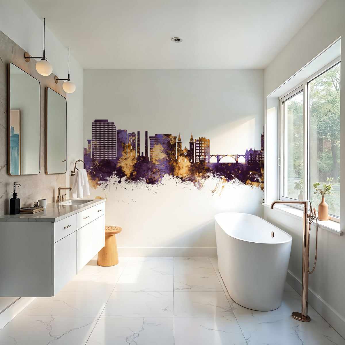 Spokane Washington Skyline Purple & Gold Mural Wallpaper - room preview 02
