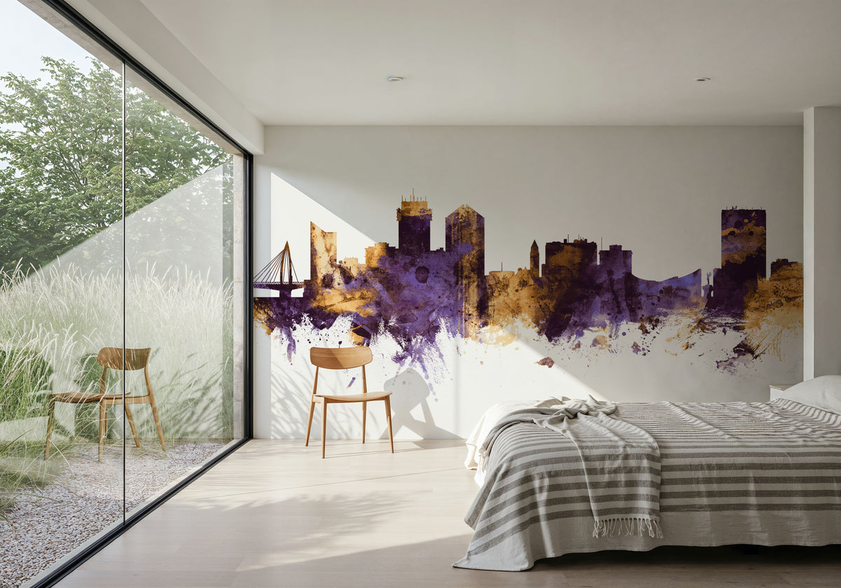 Wichita Kansas Skyline Purple & Gold Mural Wallpaper - room preview 02