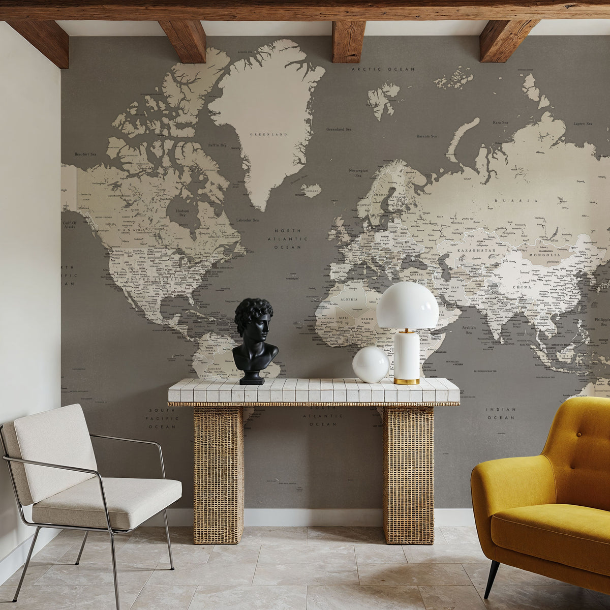 World Map Cities - Earthy Mural Wallpaper - room preview 02