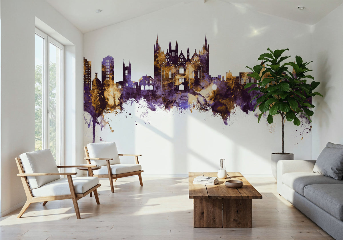 Peterborough England Skyline Purple & Gold Mural Wallpaper - room preview 02