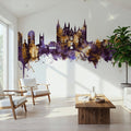 Peterborough England Skyline Purple & Gold Mural Wallpaper - room preview 02