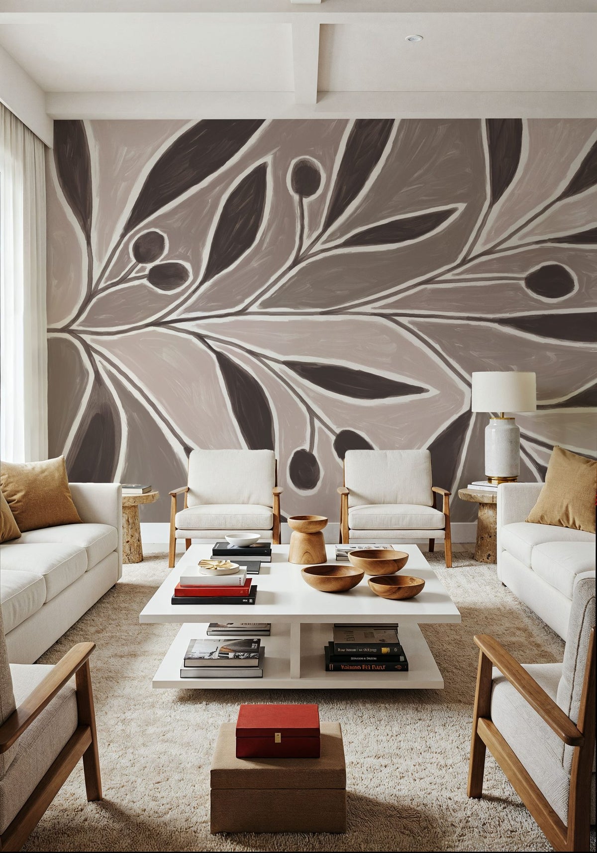 Modern Leaf Neutral Mural Wallpaper - room preview 02