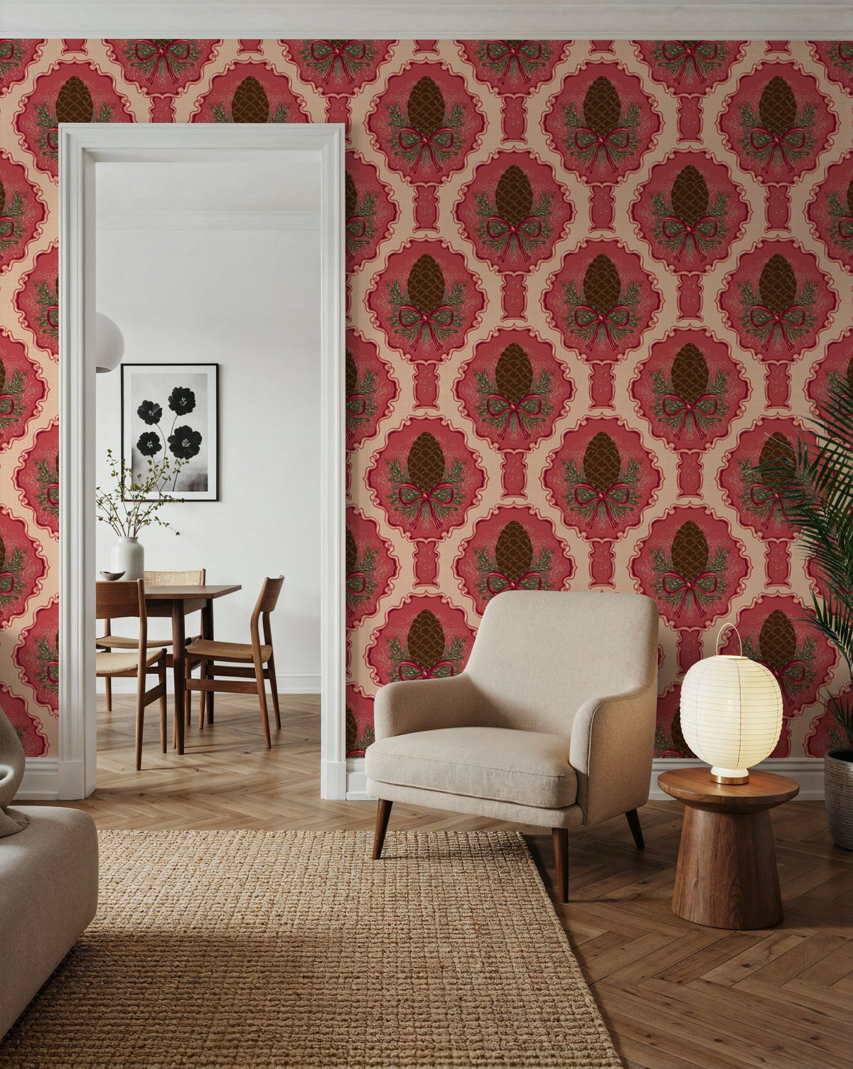 Pine Cone & Ornate Rackets, Raspberry Mural Wallpaper - room preview 02