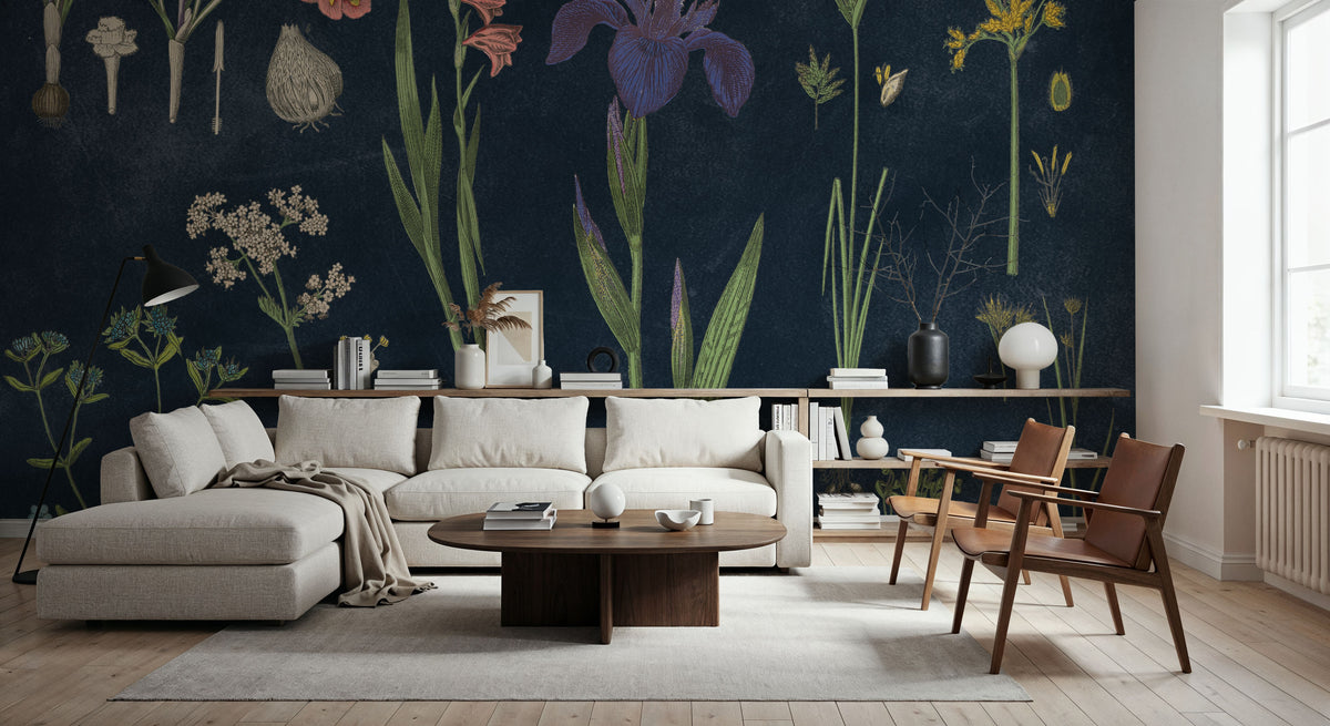 Botanical Floral Chart II Dark Blue Mural Wallpaper - room preview 02