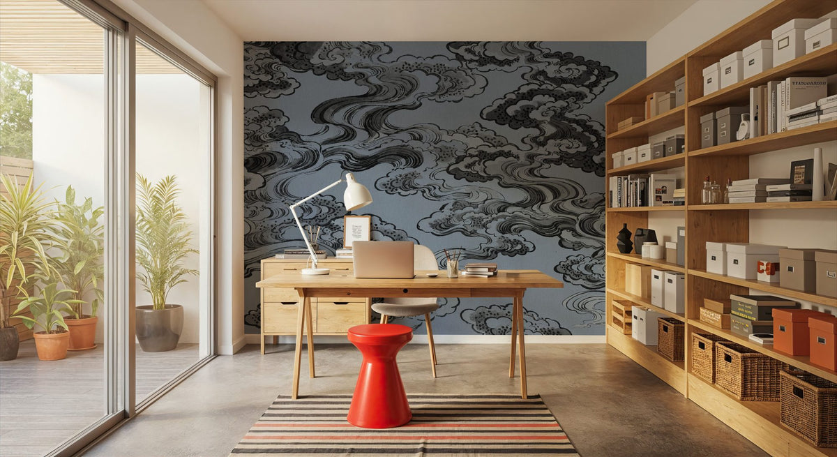 Ukiyo-e Clouds, Denim Blue Mural Wallpaper - room preview 02
