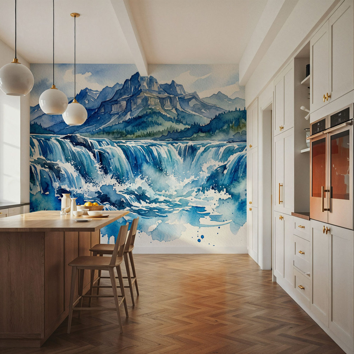 Nordic Waterfall - Watercolor Landscapes Series Mural Wallpaper - room preview 02