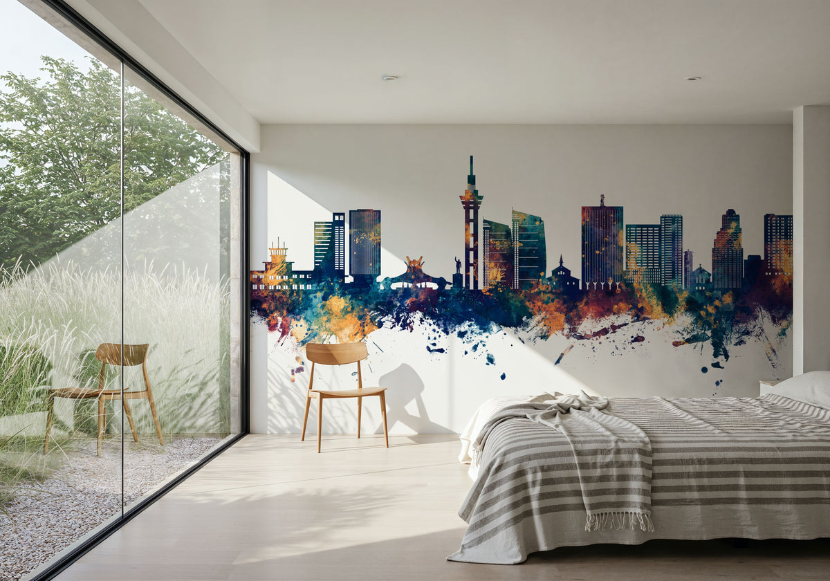 Kinshasa Skyline Blue & Bronze Mural Wallpaper - room preview 02
