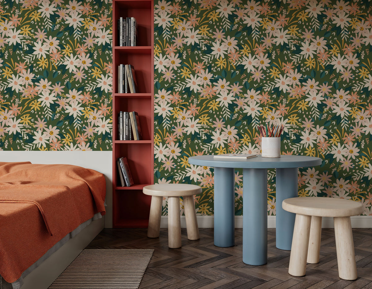 Market Flowers on Green Mural Wallpaper - room preview 02