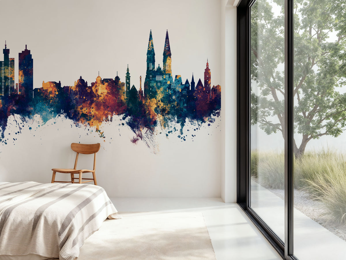 Zagreb Croatia Skyline Blue & Bronze Mural Wallpaper - room preview 02