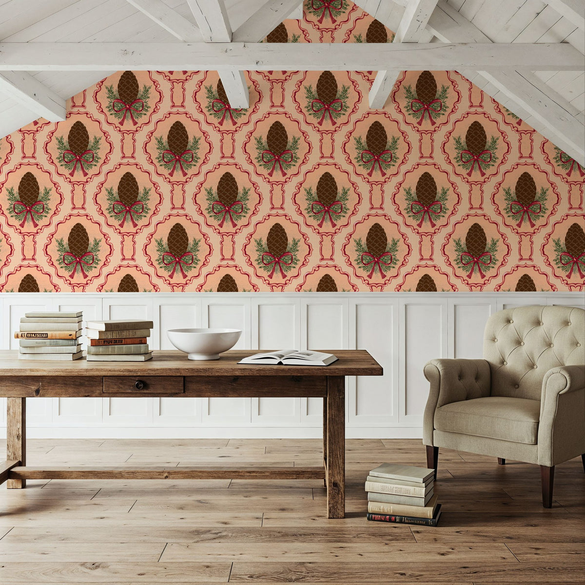 Pine Cone & Ornate Rackets, Peach Mural Wallpaper - room preview 02