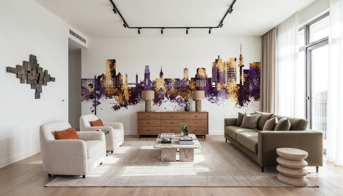 Duisburg Germany Skyline Purple & Gold Mural Wallpaper - room preview 02