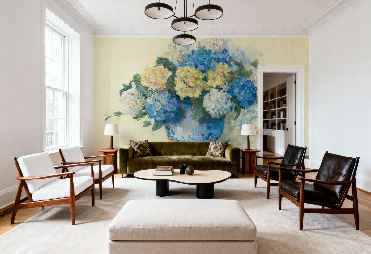 Blue Hydrangea Mural Wallpaper - Neutral Tone - room preview 02