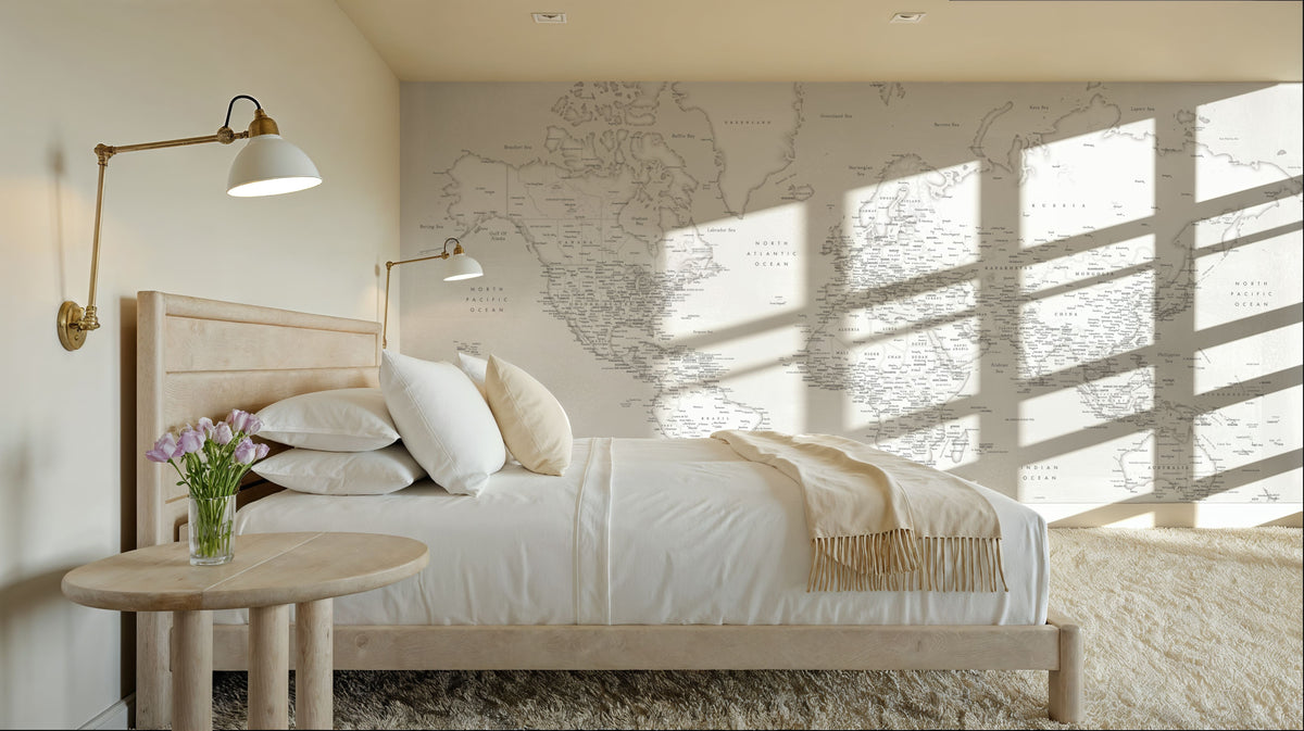 World Map Cities - Maeli White Mural Wallpaper - room preview 02