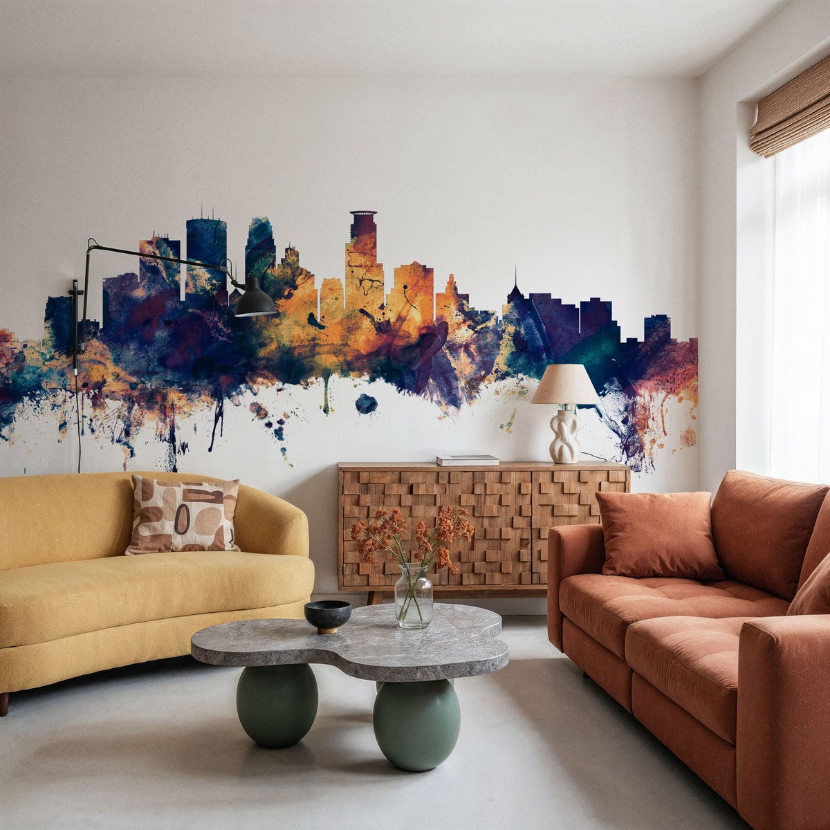 Minneapolis Minnesota Skyline Blue & Bronze Mural Wallpaper - room preview 02