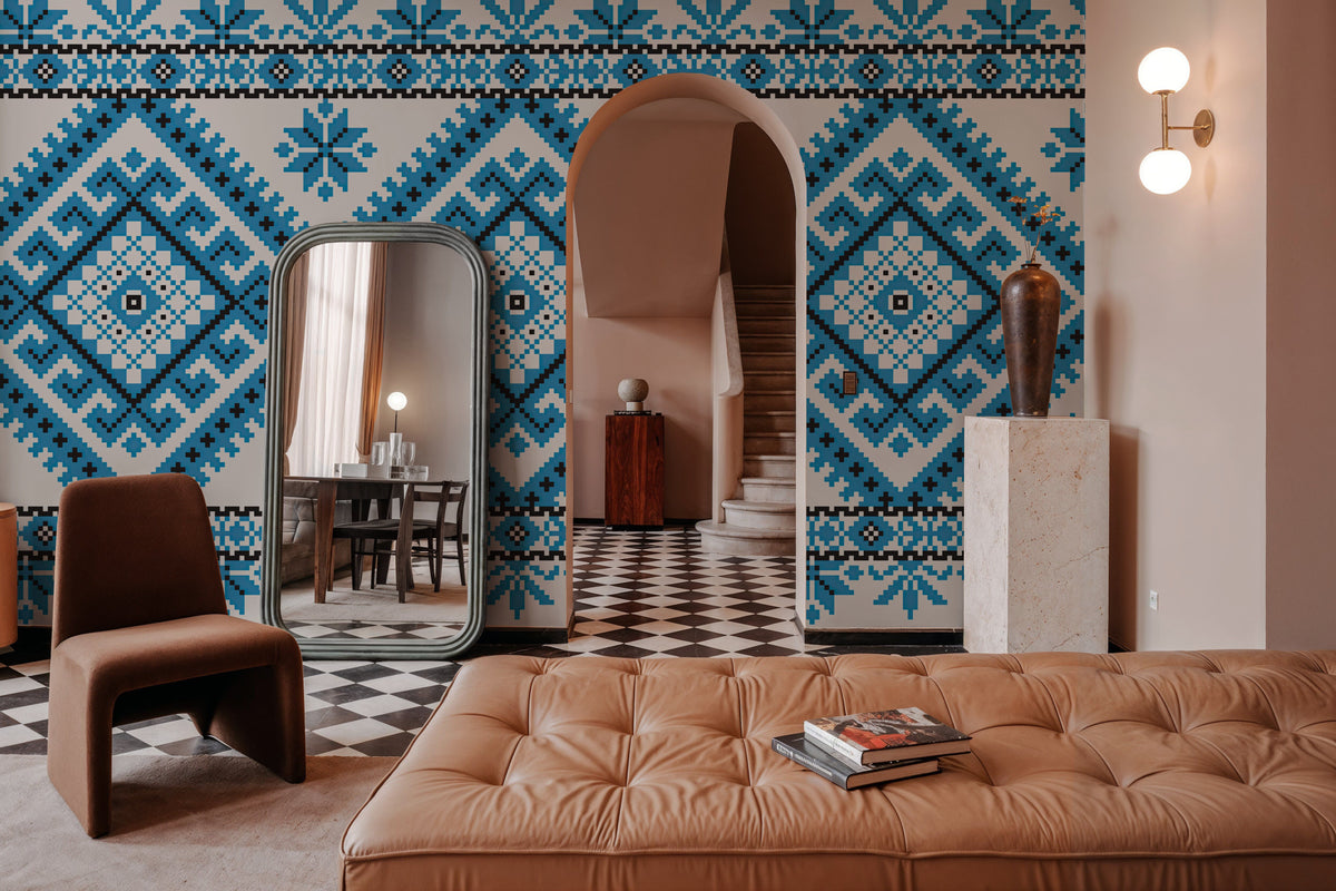 Pixel Embroidery Blue Mural Wallpaper - room preview 02