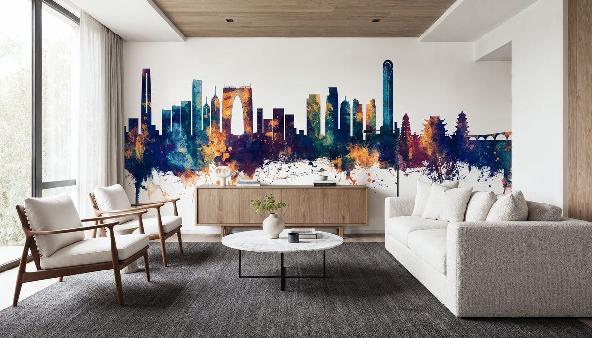 Suzhou China Skyline Blue & Bronze Mural Wallpaper - room preview 02