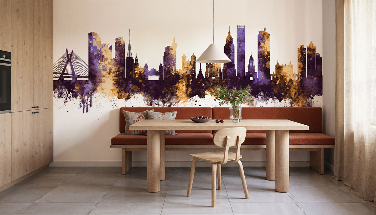 São Paulo Brazil Skyline Purple & Gold Mural Wallpaper - room preview 02