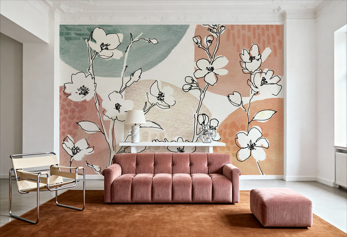 Soft Floral Figures Mural Wallpaper - room preview 02
