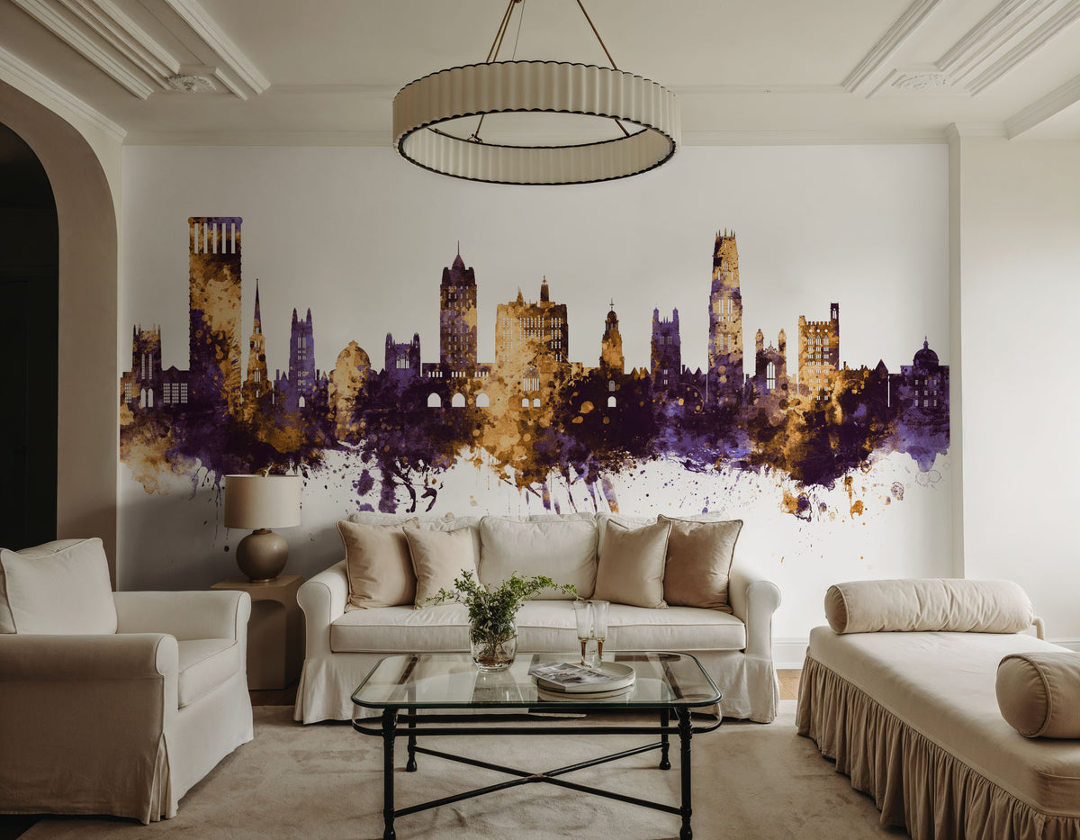 New Haven Connecticut Skyline Purlpe & Gold Mural Wallpaper - room preview 02