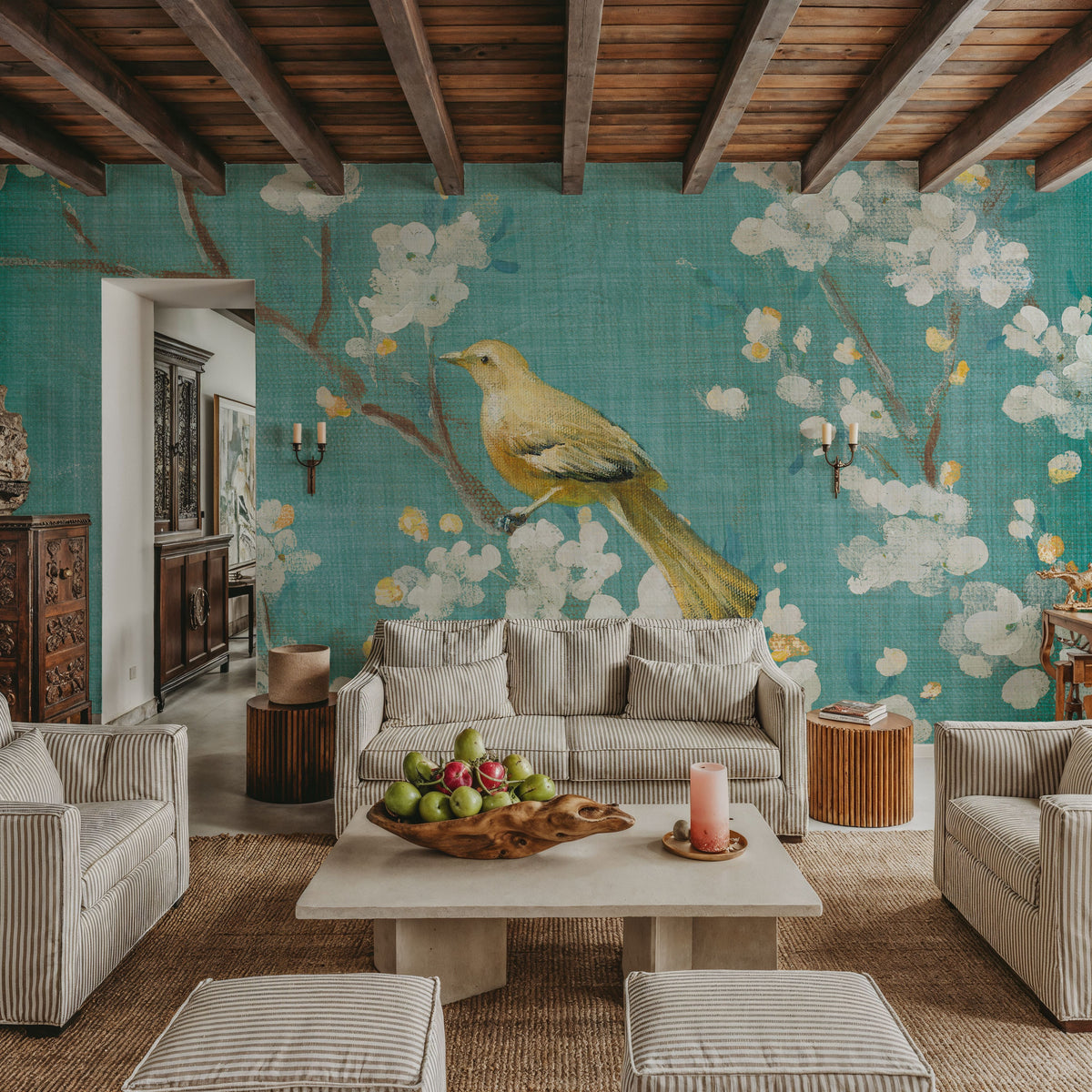 White Cherry Blossoms II on Blue Aged Mural Wallpaper - room preview 02