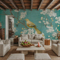 White Cherry Blossoms II on Blue Aged Mural Wallpaper - room preview 02