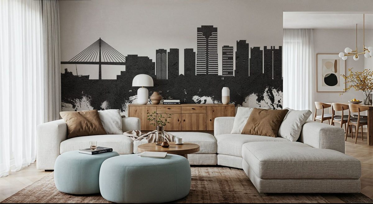 Long Beach California Skyline Black & White Mural Wallpaper - room preview 02