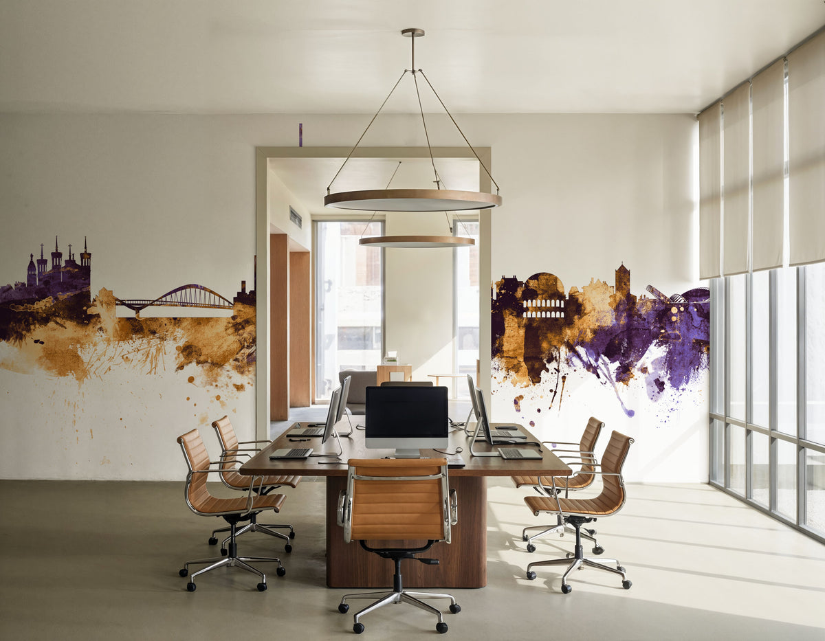 Lyon France Skyline Purlpe & Gold Mural Wallpaper - room preview 02