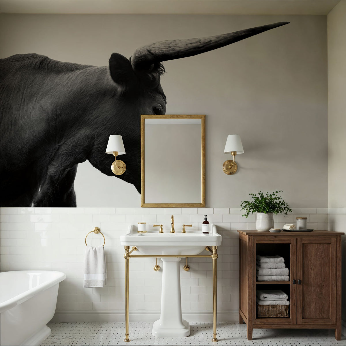 Longhorn Sunset Graze BW Mural Wallpaper - room preview 02