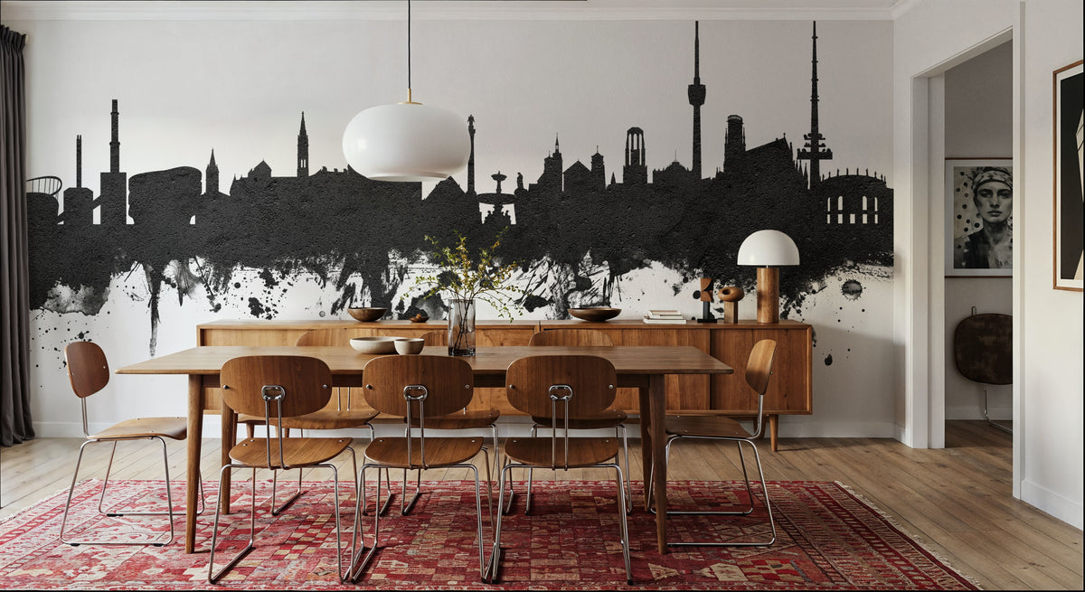 Stuttgart Germany Skyline Black & White Mural Wallpaper - room preview 02