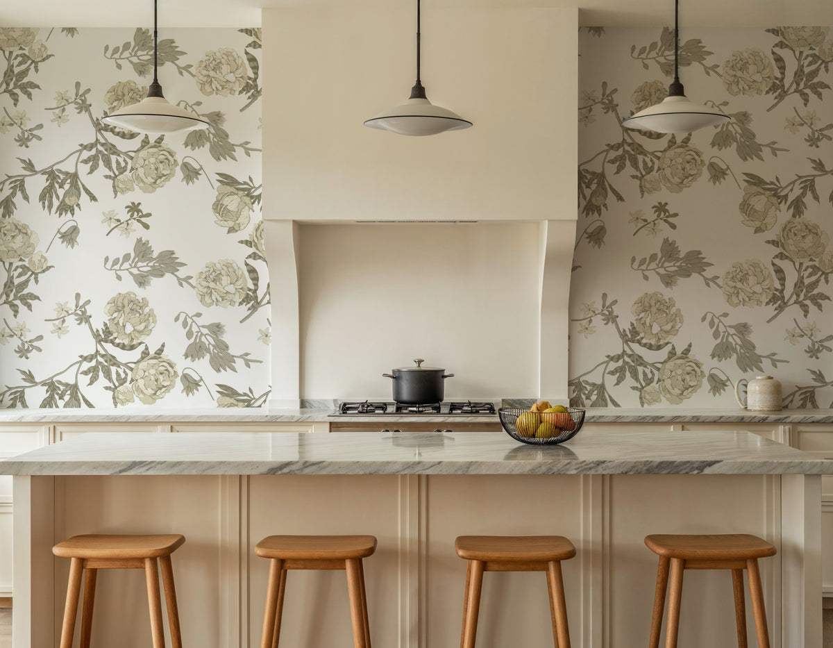 Peony Passion, Khaki on White Mural Wallpaper - room preview 02