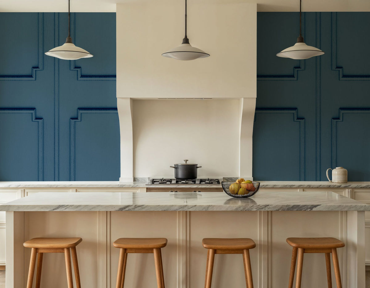 Faux Wall Panel Moulding, Sky Blue Mural Wallpaper - room preview 02