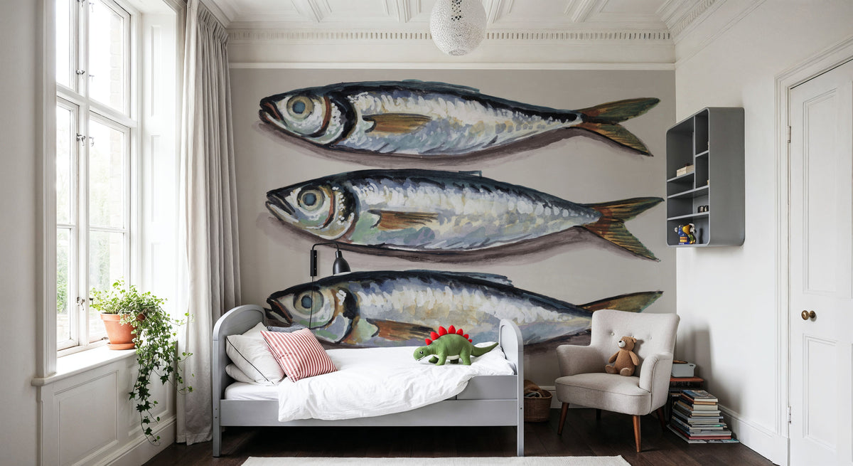 Three Little Fishies Neutral Mural Wallpaper - room preview 02