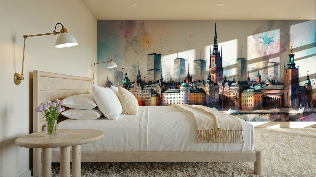 Watercolor Stockholm Skyline Mural Wallpaper - room preview 02