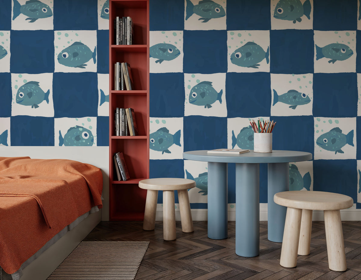 Fish Checkers, Blue Mural Wallpaper - room preview 02