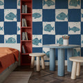 Fish Checkers, Blue Mural Wallpaper - room preview 02