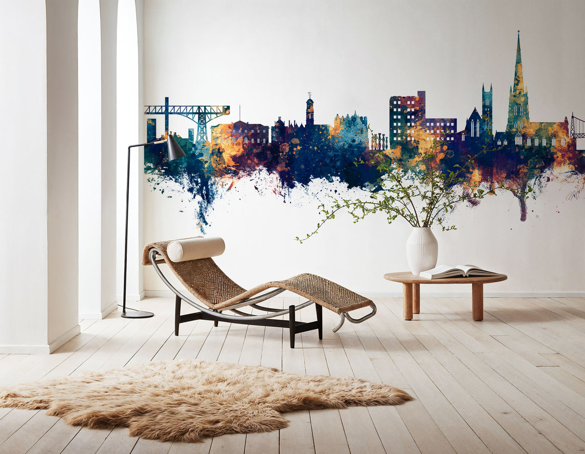 Warrington England Skyline Blue & Bronze Mural Wallpaper - room preview 02