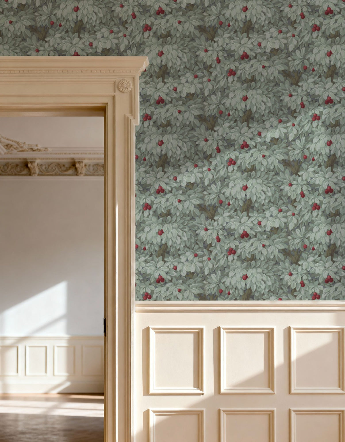 Fruit Tree Bower, Crimson on Green Mural Wallpaper - room preview 02
