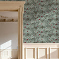 Fruit Tree Bower, Crimson on Green Mural Wallpaper - room preview 02