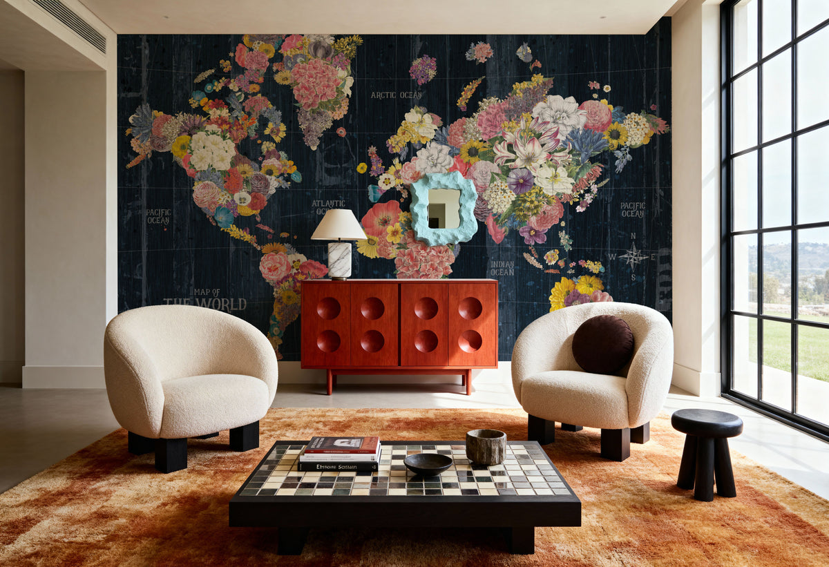Botanical Floral Map Words Mural Wallpaper - room preview 02
