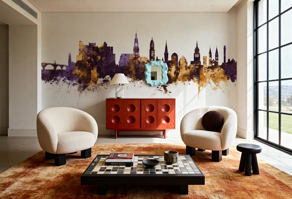 Heidelberg Germany Skyline Purple & Gold Mural Wallpaper - room preview 02