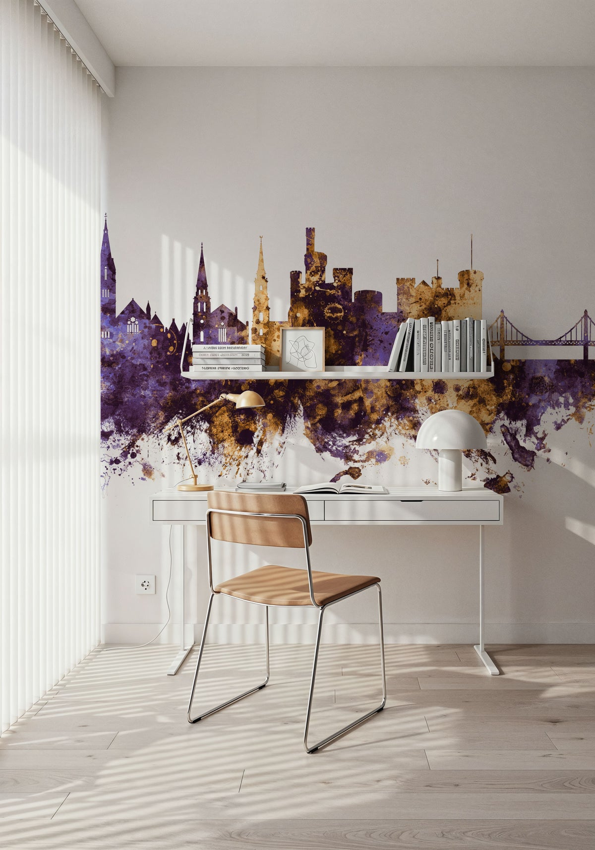 Inverness Scotland Skyline Purple & Gold Mural Wallpaper - room preview 02