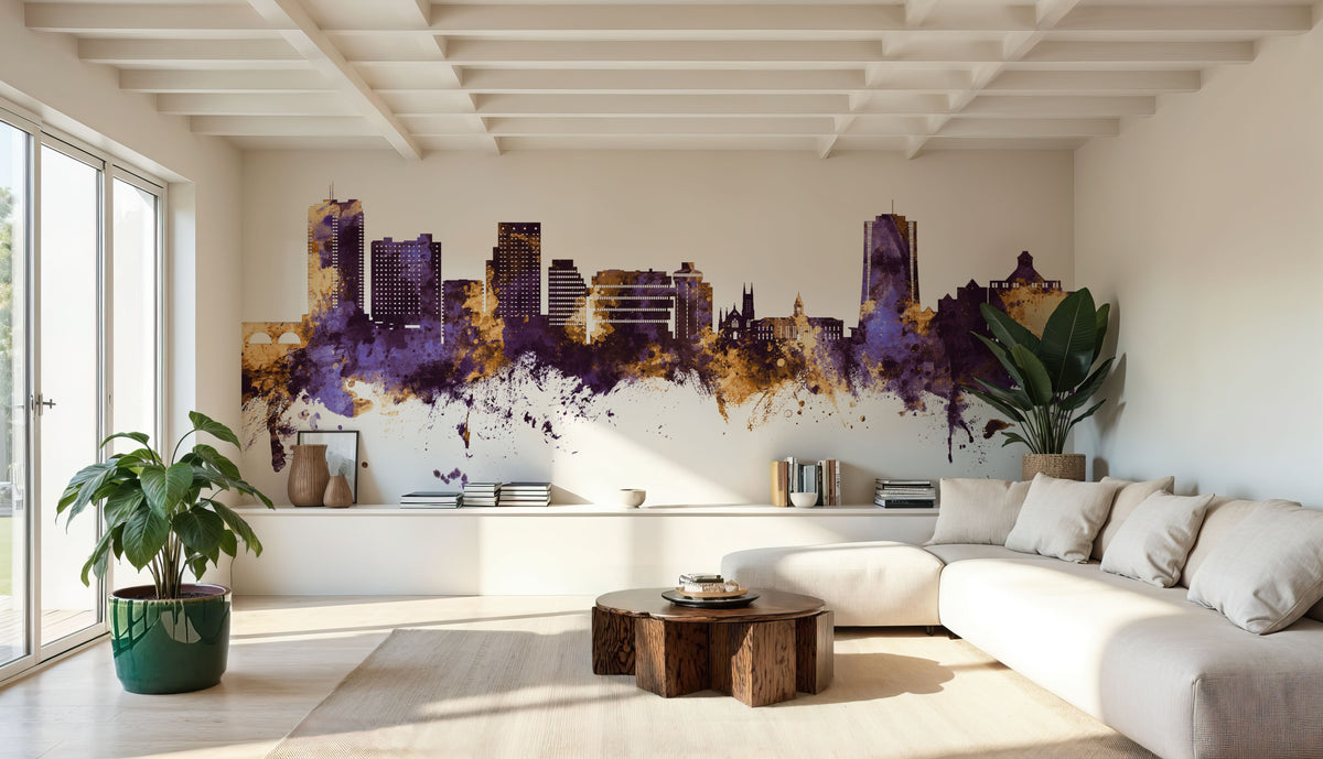 Stamford Connecticut Skyline Purple & Gold Mural Wallpaper - room preview 02