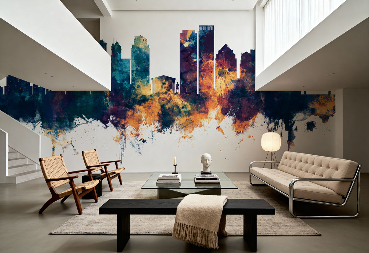 Dayton Ohio Skyline Blue & Bronze Mural Wallpaper - room preview 02