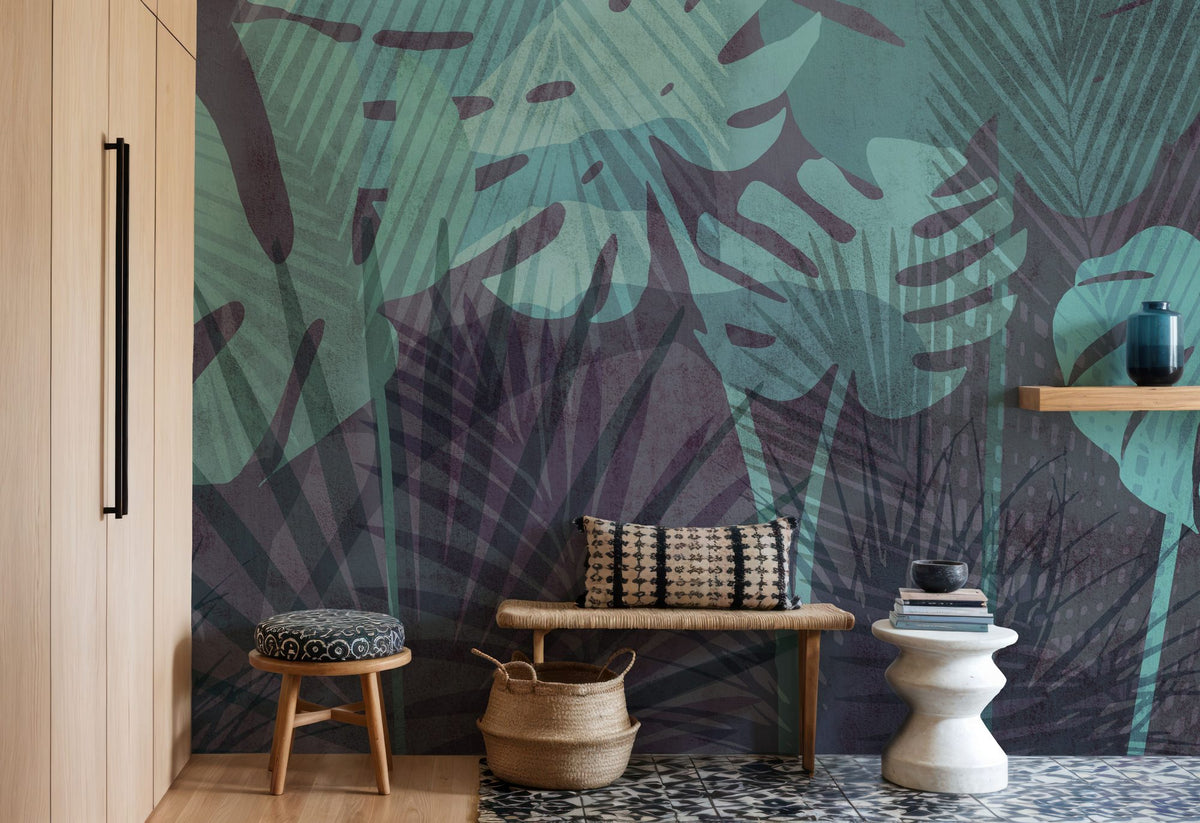 Big Monstera Leaves, Cyan Mural Wallpaper - room preview 02